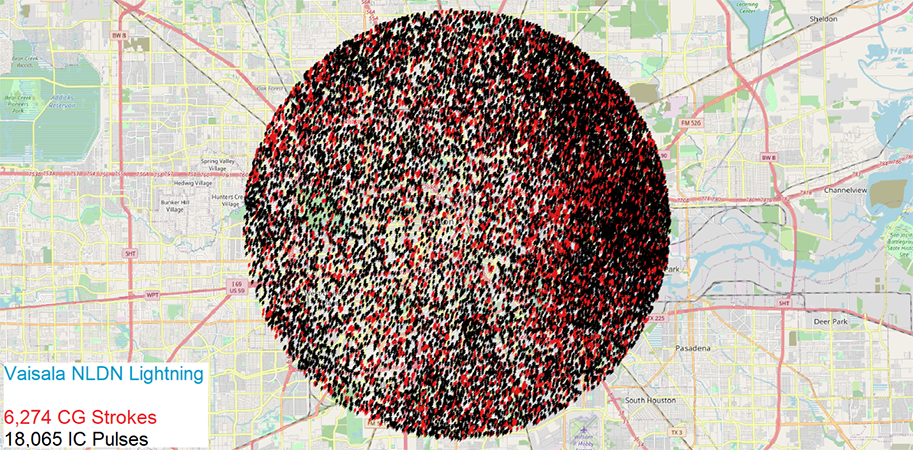 Map showing the locations of all 24,339 NLDN-detected lightning events within eight miles of Minute Maid Park in Houston, Texas, during Houston Astros baseball games from 2016 – 2019