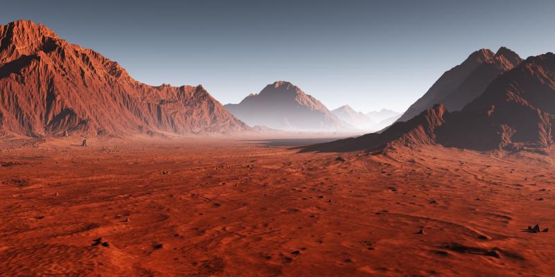 Illustration of planet Mars. Red surface and mountains.