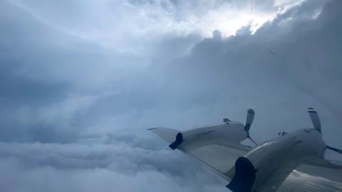 Sun seen over the eye wall of Cat 4 Hurricane Ida from NOAA WP-3D Orion N43RF Miss Piggy during August 29, 2021