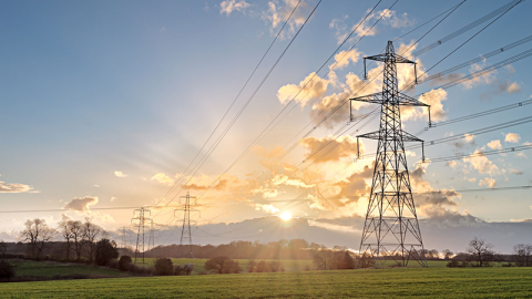 Electricity pylons and power lines across a grassy field at sunset