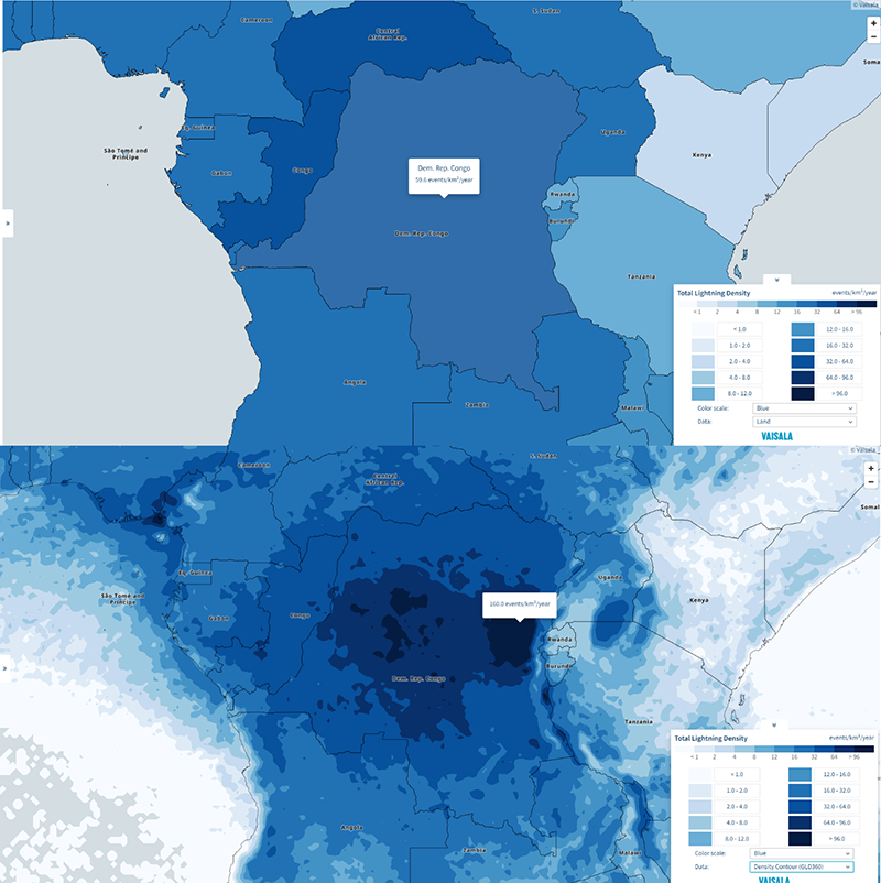 Figure 1: Switching from “Land” to “Density Contour (GLD360)” data view shows the unique distribution of lightning in each country around the world.