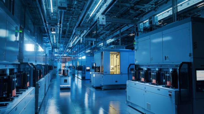 Semiconductor production fab cleanroom with AGV robots