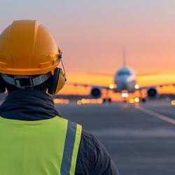 Airport ground crew directs aircraft at sunset wearing a safety vest and hardhat.