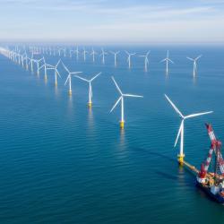 Offshore wind farm construction with installation vessel.